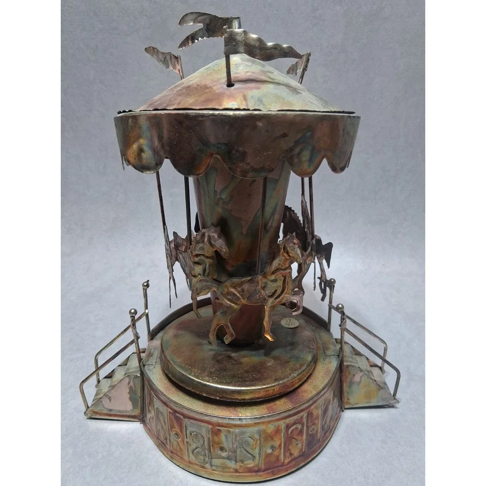 VTG Tin Copper Rotating Carousel Music Box Works 60's Brutalist Merry Go Round